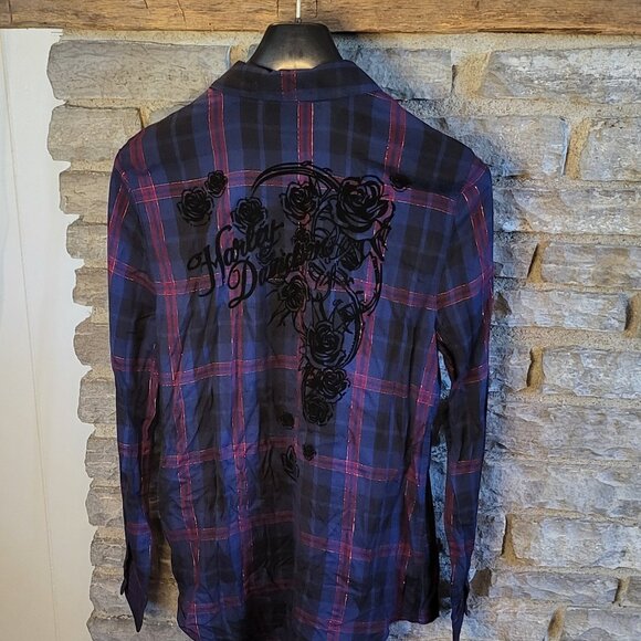 Harley Davidson Plaid Metallic Button Up Shirt Womens Medium Roses Navy Blue - Picture 7 of 10